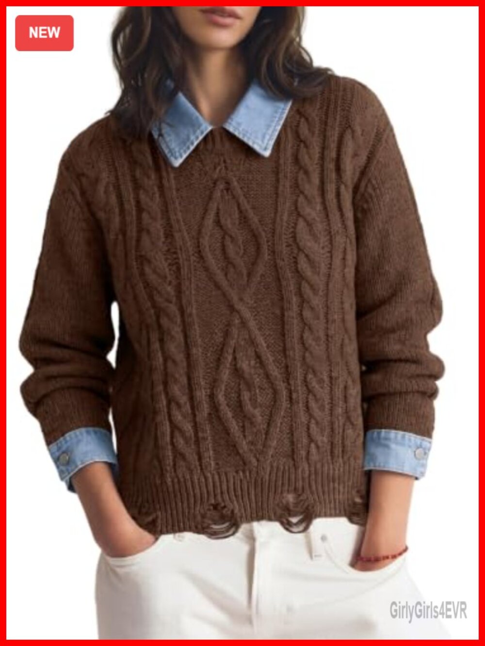 Womens Fall Chunky Knit Sweater Collared Pullover Jumper Top